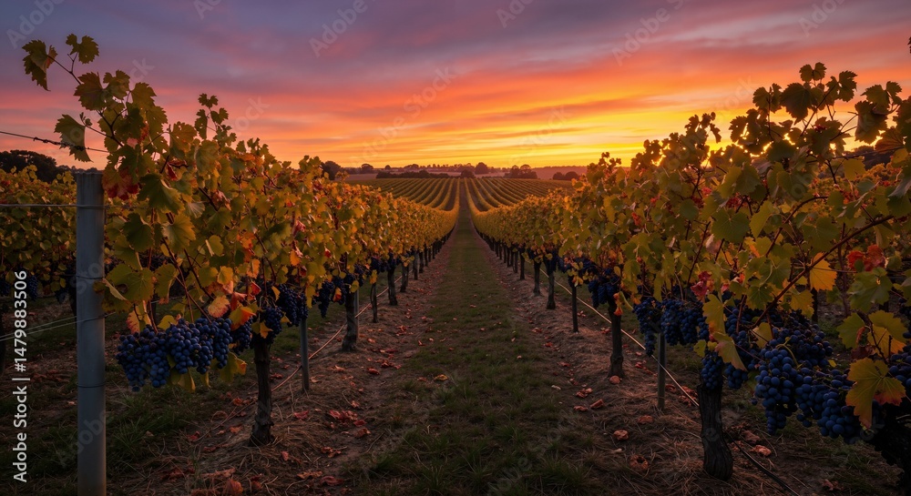 Naklejka premium A Stunning Vineyard at Sunset: Explore the Beautiful Rows of Grapevines Under a Fiery Sky in a Picturesque Wine Region