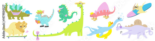 colored cute dinosaurs characters set in doodle style. Element for sticker poster postcard icon avatar decor logo