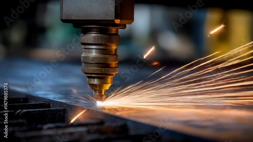 Laser cutting sparks flying on metal sheet in industrial machine for metalworking manufacturing