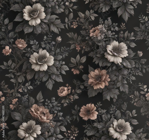 Elegant small-scale charcoal floral wallpaper; vintage-inspired blooms and leafy accents ,  illustration,  shabby chic,  charcoal