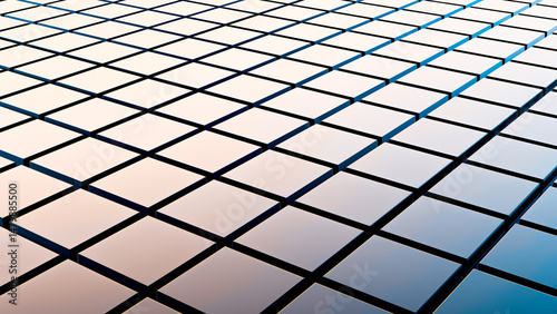 Grid of reflective square tiles creates an endless pattern with gradients of blue and peach tones. The perspective provides a dynamic sense of depth and repetition