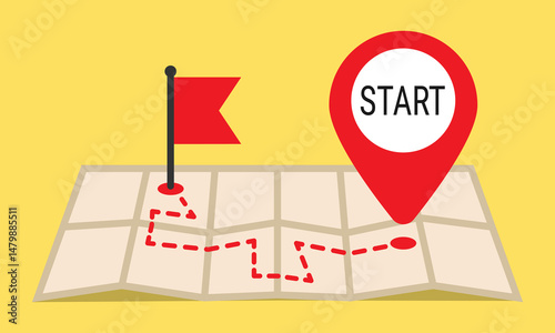 Simple journey map with starting point and destination flag. Minimalistic vector map for illustrating concepts of travel, navigation, planning, or goal-setting