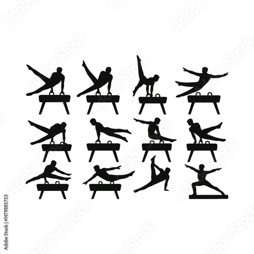 set of gymnast silhouette collection, Gymnast silhouette set, dynamic gymnast poses, Gymnast silhouette vector design, split jump girl gymnast black silhouette, set of vector icon gymnast silhouette, 