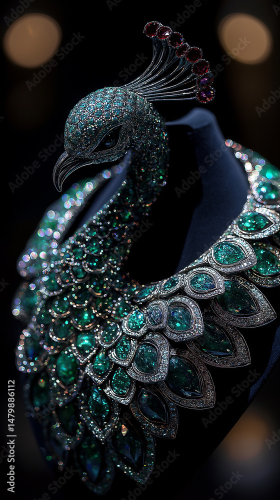 Fototapeta premium AI generator image of Emerald diamond necklace, designed in the shape of a green peacock.Diamond Necklace with Green Emerald Gemstone Jewelry. Mannequin Neck. Exclusively for Women.