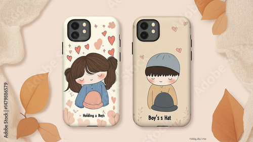 AI generator image of cute cartoon pattern mobile phone case, such as couple pattern, girl and boy, pure love