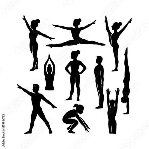 set of gymnast silhouette collection, Gymnast silhouette set, dynamic gymnast poses, Gymnast silhouette vector design, split jump girl gymnast black silhouette, set of vector icon gymnast silhouette, 