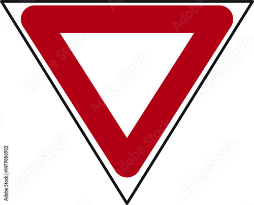 Red triangle yield traffic sign. Indicates give way to other vehicles. Common road safety symbol. Perfect for driving icons, transport warnings, or traffic education.