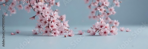 Delicate pink sakura petals drift on a pastel blue backdrop , sakura,  spring,  backdrop
