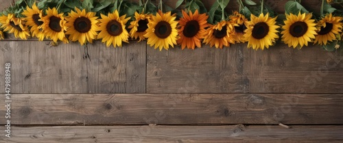 Rustic sunflowers, vibrant blooms arranged on weathered wood ,  wooden board,  vintage
