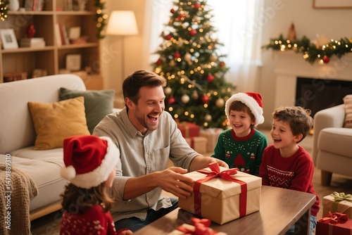 Joyful family moments christmas morning with father and children opening holiday presents together