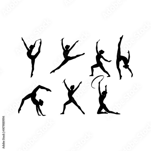 set of gymnast silhouette collection, Gymnast silhouette set, dynamic gymnast poses, Gymnast silhouette vector design, split jump girl gymnast black silhouette, set of vector icon gymnast silhouette, 