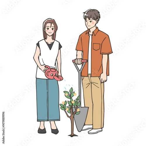 お金のなる木に水をやっている夫婦