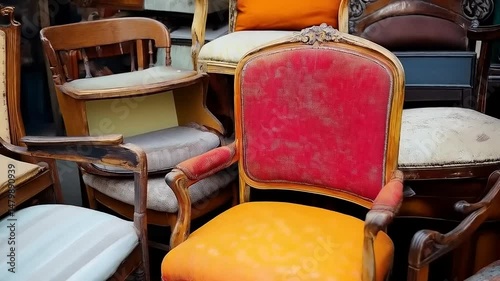 Assortment of Diverse Antique Seating Designs and Furniture, Colorful Interior