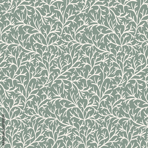 Seamless botanical pattern, abstract floral print of tiny hand drawn twigs. Stylish minimalist surface design in two colors. Small silhouettes of plants, twigs in delicate motif. Vector illustration.