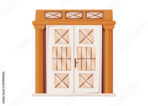 Classic double door with white panels, orange columns, glass inserts. Flat cartoon vector isolated illustration of elegant vintage entrance for architectural, real estate, or decorative design use.