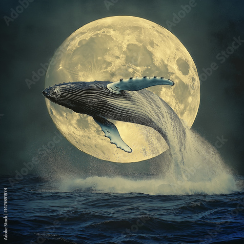 AI generated image of humpback whale breaching the ocean surface against the backdrop of a full moon. The image is composed with the whale in the foreground, its body arched gracefully as it leaps out