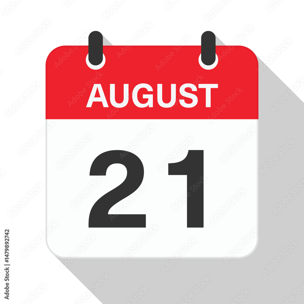 Fototapeta premium August 21 Daily Calendar. Red Theme on White Background