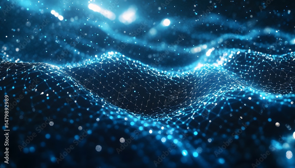 Abstract digital network design with glowing blue particles.