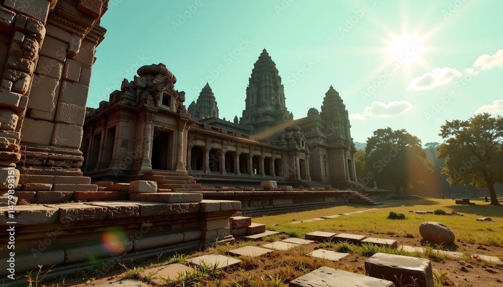 Naklejka premium an ancient hindu temple complex nestled within a verdant landscape. the architecture is rich with intricate carvings, characteristic of traditional indian stonework