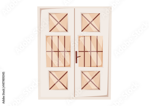 Classic double door with white panels, glass inserts. Flat cartoon vector isolated illustration of elegant vintage entrance for architectural, real estate, or decorative design use.