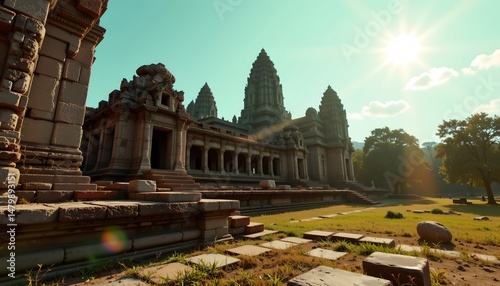 an ancient hindu temple complex nestled within a verdant landscape. the architecture is rich with intricate carvings, characteristic of traditional indian stonework