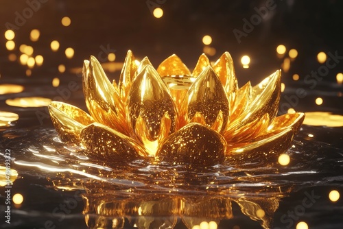 Golden lotus flower on water