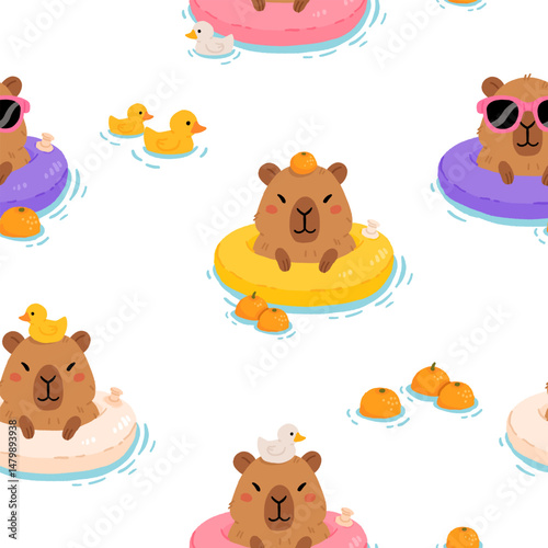 Cute minimalistic vector cartoon background with relaxed capybara swimming on an inflatable ring with rubber ducks. Fun summer seamless pattern