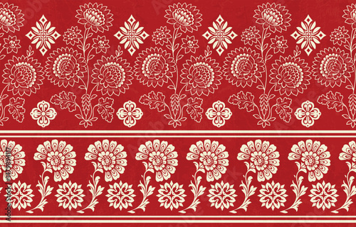 floral pattern vintage ethnic modern embroidery texture boho design vector illustration hand drawn pink flower motif branches leaves wallpaper seamless background border.