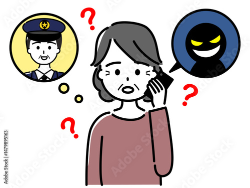 偽警察官の電話をうけ疑う高齢女性（上半身）