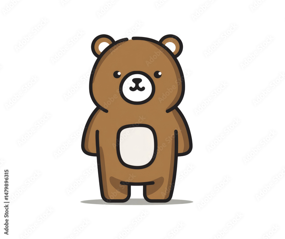 Fototapeta premium Cute bear icon, a simple flat vector illustration of a brown teddy bear with a white belly and dark outline on a pure background