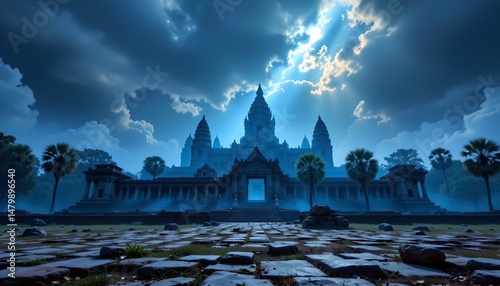 a majestic temple complex under a dramatic sky at night. the temple, featuring multiple spires and intricate architectural details, is illuminated, highlighting its grandeur