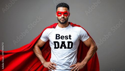 Father’s day portrait of muscular man wearing superhero costume with red cape and best dad t-shirt in studio