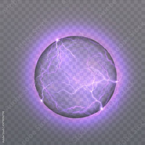 Glowing bright purple electric circle with pulsed lightning discharges on a transparent background. Suitable for effects in games, interfaces, science and magic scenes.
