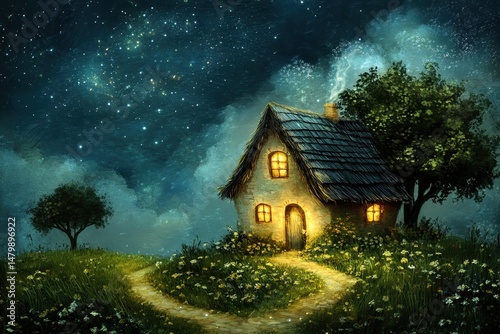 Cozy Cottage Under Starry Sky with Lush Greenery and Warm Glow