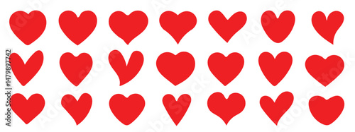 Set of red heart icons in various shapes simple flat style isolated on transparency background symbolizing love romance affection and emotion perfect for design or decoration