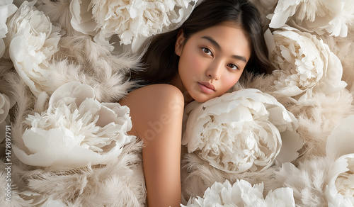 AI generator image of beautiful model wearing a pink floral dress made of real flowers, her whole body is covered with delicate peonies and roses, the petals cover her skin against a white background