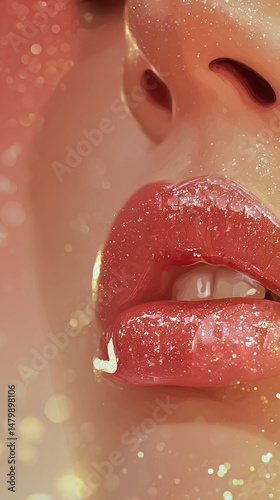 An enchanting closeup of a smiling face with pouty oversized lips drenched in shimmering lip gloss capturing every detail of reflection and light play. The illustration uses a hyperrealistic