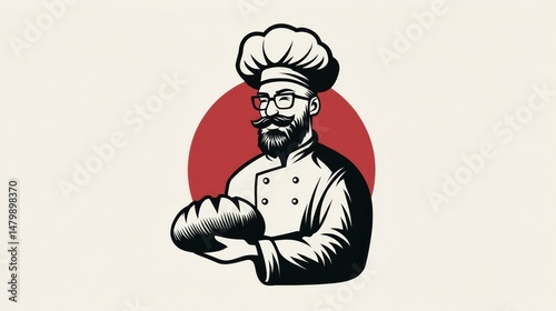 Bearded baker holding bread loaf with red circle background in graphic style.