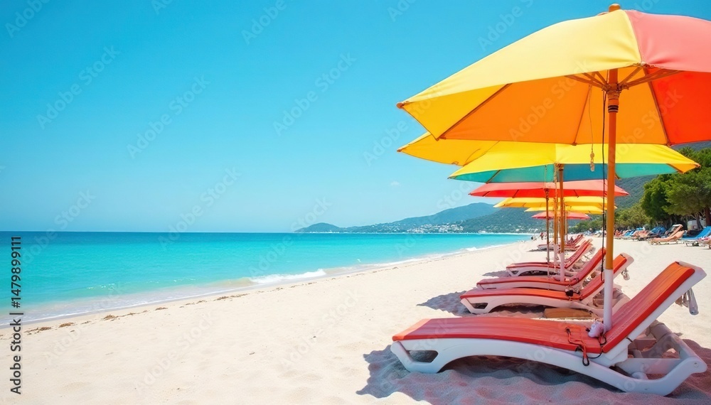 Fototapeta premium Colorful beach umbrellas shading sandy shore on sunny day , paradise, summer fun, seaside