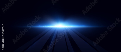 Bright blue glow of lens flare radiates from the center horizon on a dark background. Light burst effect for lens reflections, tech promos, abstract interfaces, or sci-fi environment scenes.

