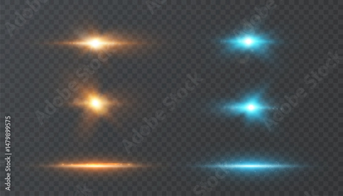 Bright glowing flash with rainbow sparks and glow effect in orange and blue colors. A set of flashes and stars for magic, explosions, HUD or interface design on transparent background.