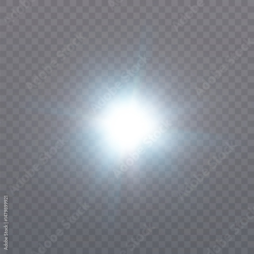 White glowing flare with subtle blue tint on transparent background. Bright light flash with soft radiance for magic spells, impact effects, or digital user interface highlights.

