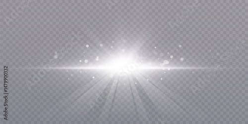White explosion of bright lens light and glowing dust particles on transparent background. For magical visual effects, backlight overlays in design projects.