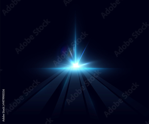 Blue glowing lens flare burst with radial rays and subtle glow on dark space background. Suitable for sci-fi visuals, digital effects, cosmic interfaces and cinematic transitions.	