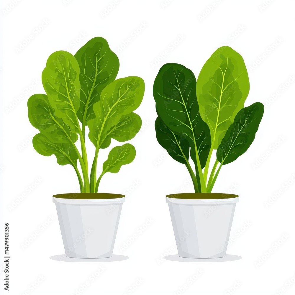 Fototapeta premium Two Green Leafy Plants in White Pots on White Background