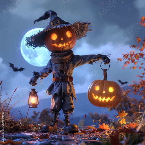 halloween scarecrow  background with pumpkin photo