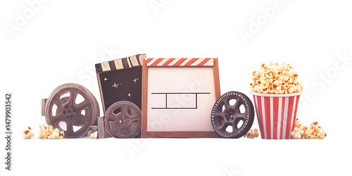 Movie Night Cinema Elements with Popcorn, Film Reels, and Clapperboard