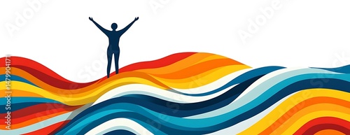 Person celebrates atop colorful waves