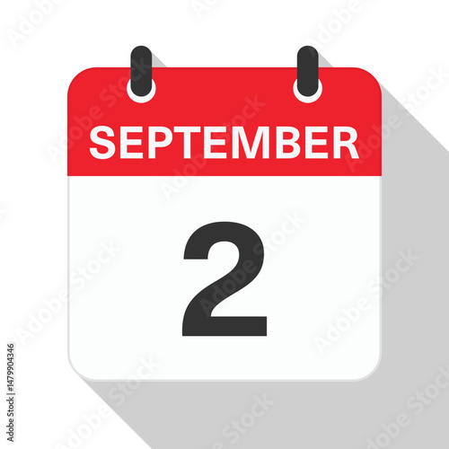 September 2 Daily Calendar. Red Theme on White Background