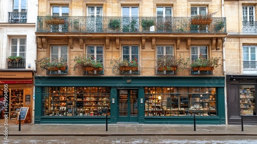 Building facade with green window shop and balconies
